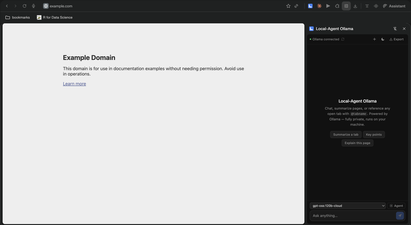 LocalAgent Ollama browser side panel connected to Ollama