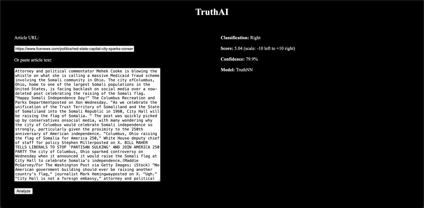 TruthAI analyzing a news article's political bias